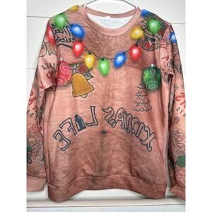 XMAS LIFE Ugly Christmas Sweatshirt Thug Santa Hairy Belly & Ornaments SZ Large